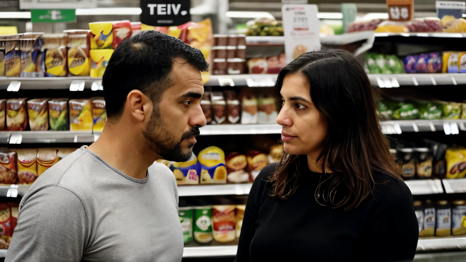 ((best qualityer)), ((work of art)), (detailded), /imagine prompt: Arturo and Claudia are in a supermarket, engaged in a serious conversation. Arturo, with stubble for two to three days, maintains a worried expression while talking to Claudia. ella, dressed in black, listen carefully, with a sad and worried expression. The scene is full of tension and urgency, reflecting the importance of the subject discussed. The product shelves in the background contrast with the somber atmosphere of the conversation.. --seed 1059342098
