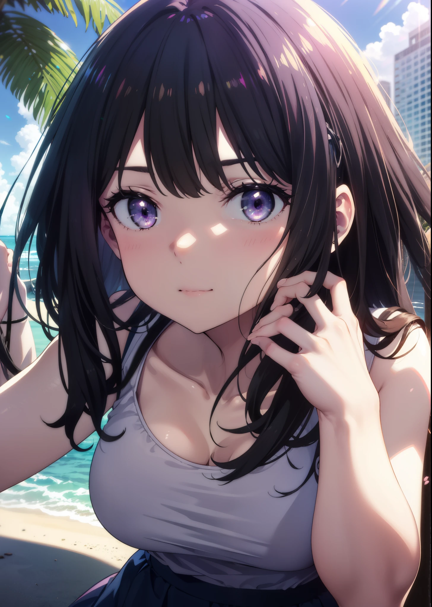 Takiuchikami, Check it out, Long Hair, bangs, Black Hair, (Purple eyes:1.2),Blue Tank Top,White long skirt,Heeled Sandals,Daytime,Clear skies,Palm tree,Walking,smile,Close your mouth,blush,whole bodyがイラストに入るように,
break outdoors, tropical,Tropical,Coastal Road,Building district,
break looking at viewer, whole body,
break (masterpiece:1.2), Highest quality, High resolution, unity 8k wallpaper, (figure:0.8), (Beautiful attention to detail:1.6), Highly detailed face, Perfect lighting, Highly detailed CG, (Perfect hands, Perfect Anatomy),