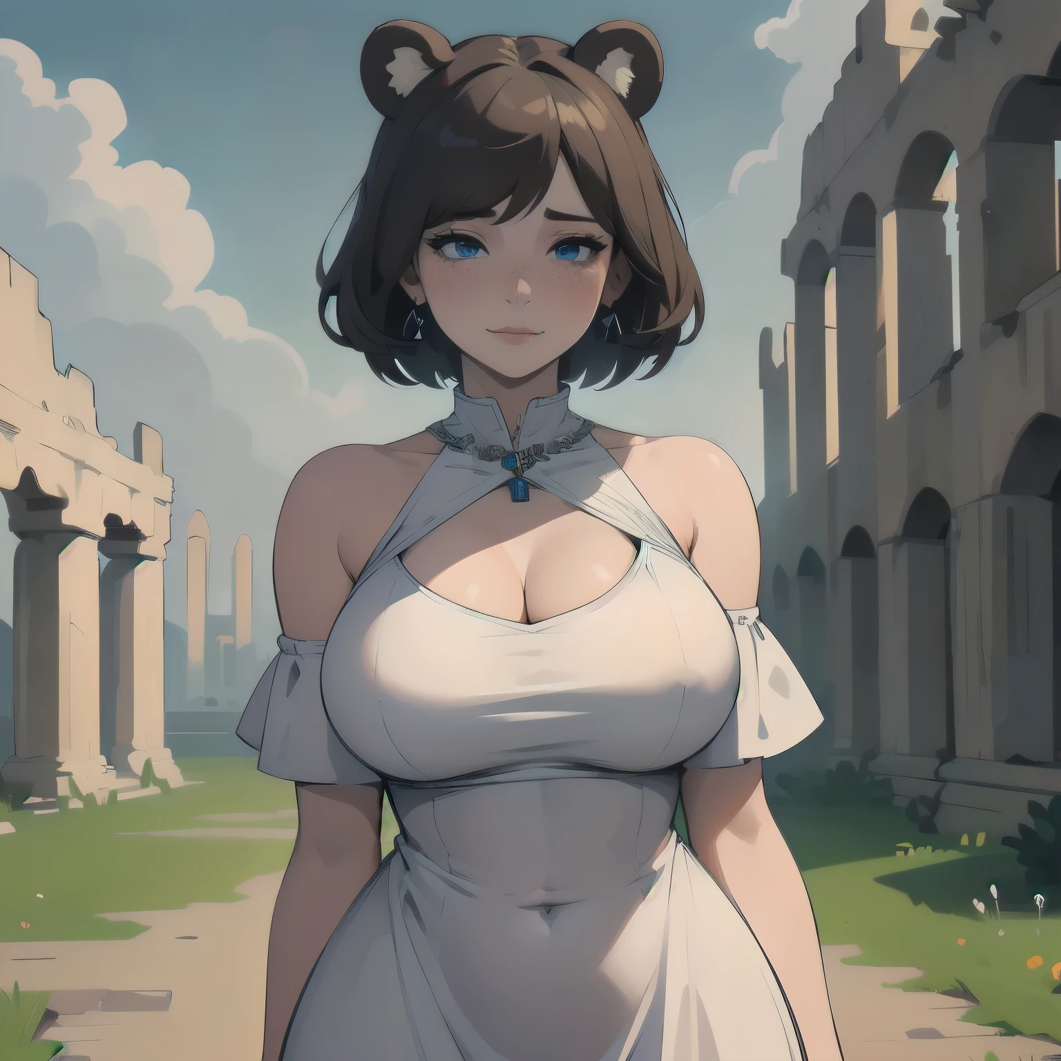 (masterpiece), 1girl, solo, best quality, blue eyes, perfect face, best quality, kemonomimi, bear ears, animal ears, brown hair, short hair, messy_hair, BREAK freckles, huge breasts, hourglass figure, (greek clothes), standing, :o, half closed eyes, white dress, greek clothes, bare shoulders, necklace, earrings, smile, blush, closed_mouth, grass, ((ruins)), landscape, outdoors, cloudy_sky, looking at viewer, cleavage cutout, greek clothes, peplos, navel cutout