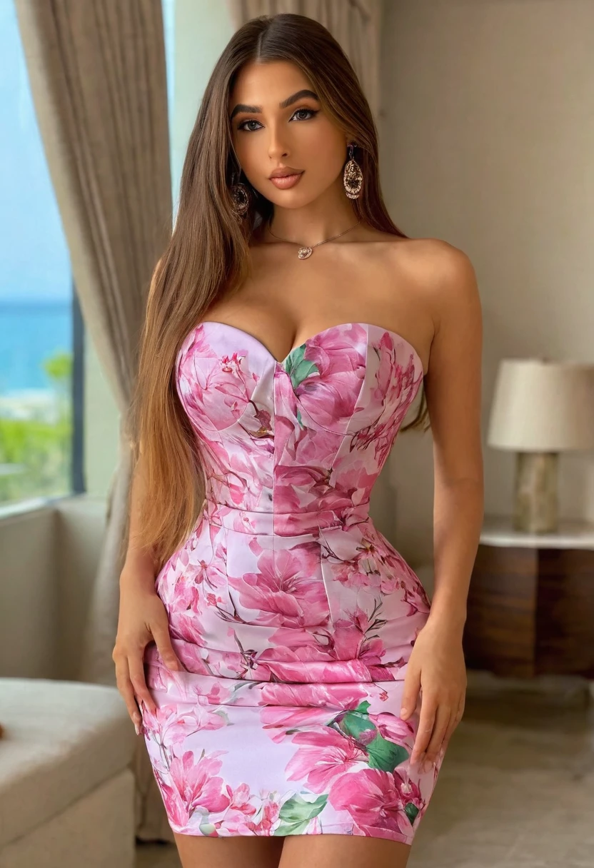 ((Best resolution)), ((high quality:1.2)), Work of art, 8k, extremely detailed, ((High detail:1.2)), (Hotlexi woman), 1girl, Solo, female with 24 years old, (tight dress strapless), (beautiful perfect face:1.23), (perfect hourglass hot body),