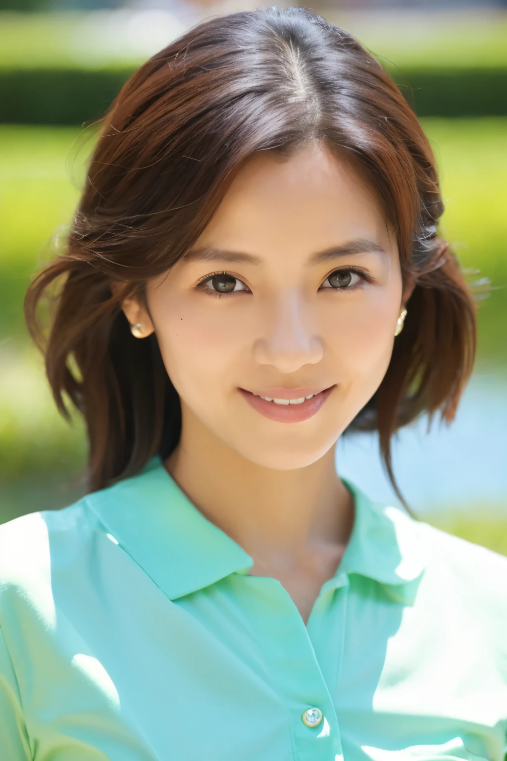 Skinny Japanese 40s woman, good wife, cute face, detailed face, detailed eyes, neat and clean, short-sleeve white shirt, walking along river, early summer, fine weather, clear sky, green fields, portrait