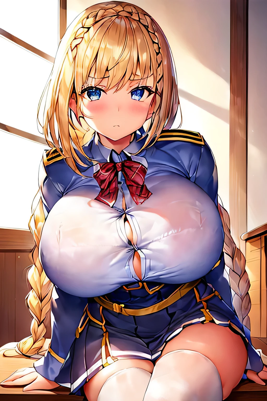 schoo uniform,gigantic breasts,bursting breasts,popped_button,red scarf,smile shy,bouncing breasts,running