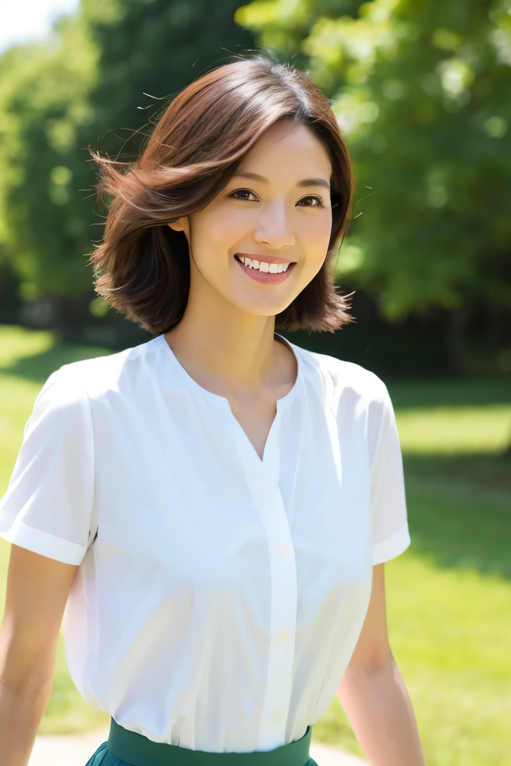 Skinny Japanese 40s woman, good wife, cute face, detailed face, detailed eyes, neat and clean, short-sleeve white shirt, walking along river, early summer, fine weather, clear sky, green fields, portrait