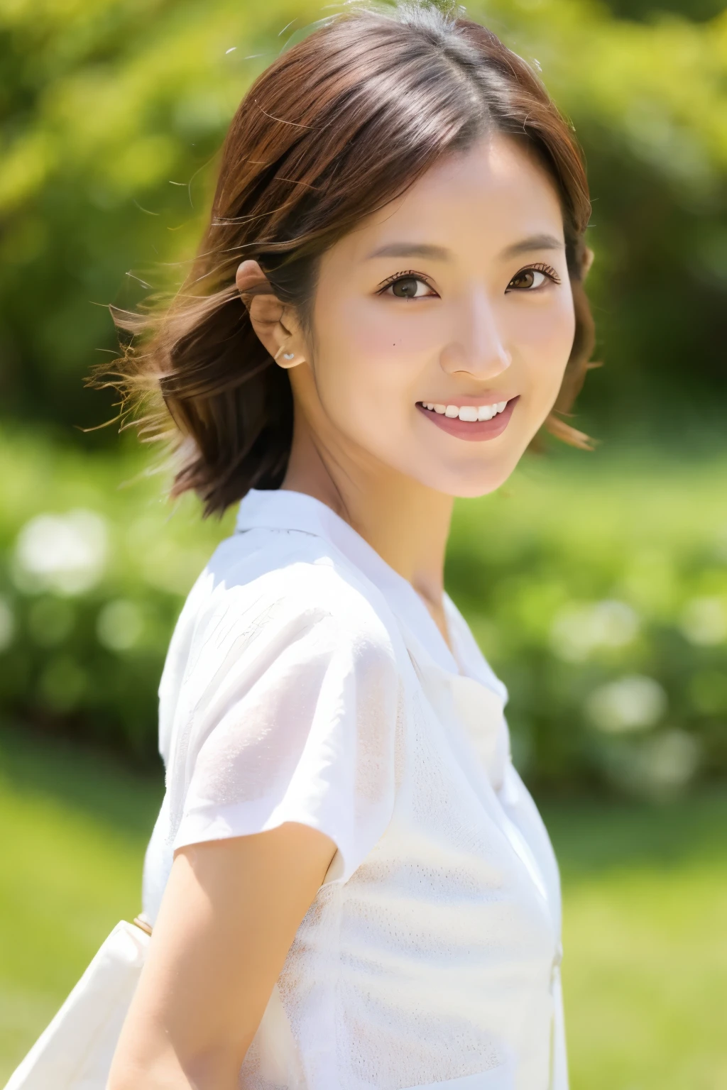 Skinny Japanese 40s woman, good wife, cute face, detailed face, detailed eyes, neat and clean, short-sleeve white shirt, walking along river, early summer, fine weather, clear sky, green fields, portrait