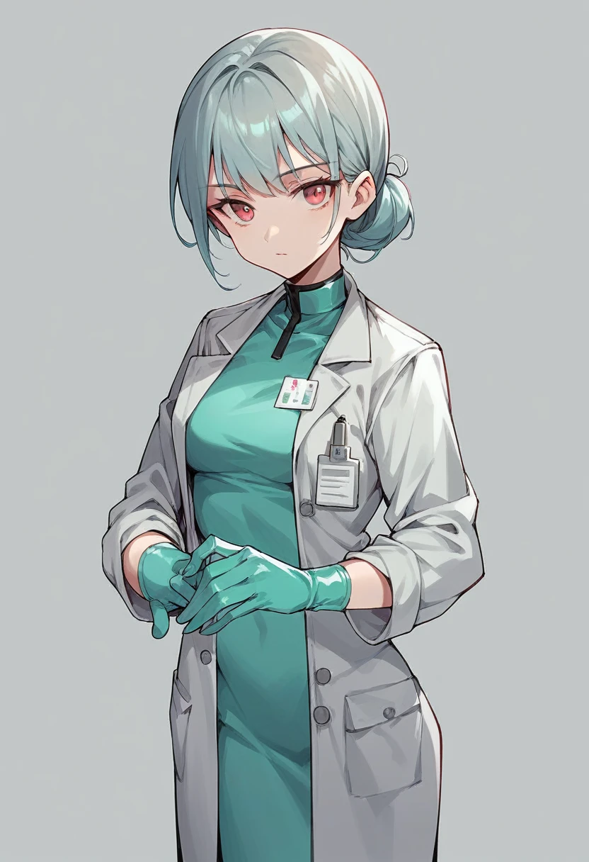1girl, ((white elbow gloves)), ((surgical gloves)), ((latex gloves)), ((green doctor outfit)), looking at viewer, ((long sleeves)), ((doctor coat)), standing, solo