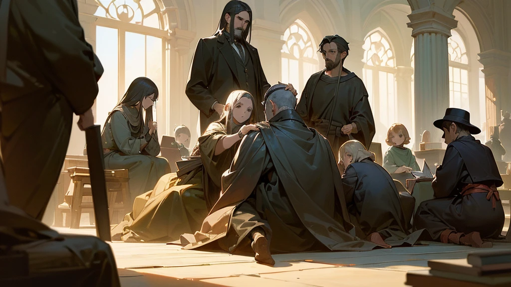 (work of art, best qualityer:1.35) make a group of 7 members children up to 10 years old happy, black, all sitting around the philosopher Diogenes, who is holding a book, perfect lighting, perfect shading