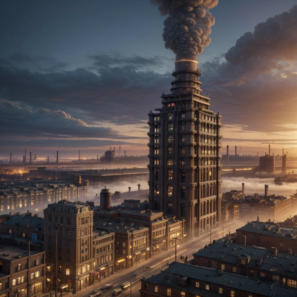 Panoramic image of an industrial steampunk city, gears, steam engines, citizens, in it, pollution, carbon, exolosions, vapor, buildings, bridges, train, zepelin ((high quality)) ((4k)) ((8k)) ((Hyperrealism)) ((masterpiece)) ((perfection))