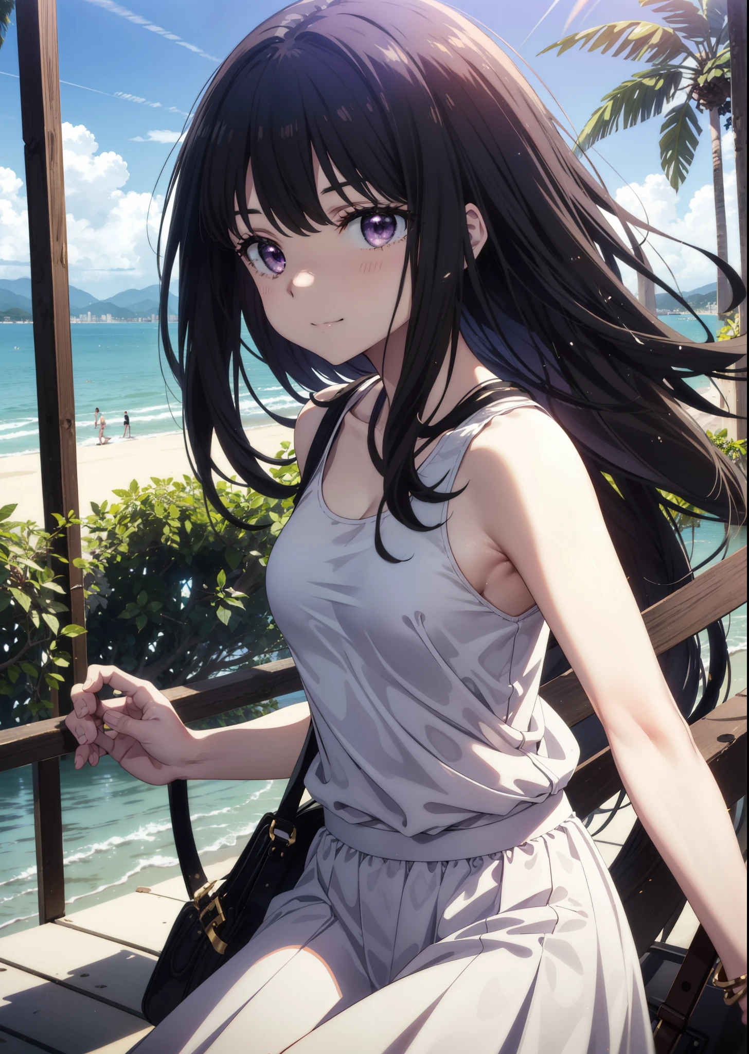 Takiuchikami, Check it out, Long Hair, bangs, Black Hair, (Purple eyes:1.2),Blue Tank Top,White long skirt,Heeled Sandals,Daytime,Clear skies,Palm tree,Walking,smile,Close your mouth,blush,whole bodyがイラストに入るように,
break outdoors, tropical,Tropical,Coastal Road,
break looking at viewer, whole body,(Cowboy Shot:1. 5),
break (masterpiece:1.2), Highest quality, High resolution, unity 8k wallpaper, (figure:0.8), (Beautiful attention to detail:1.6), Highly detailed face, Perfect lighting, Highly detailed CG, (Perfect hands, Perfect Anatomy),