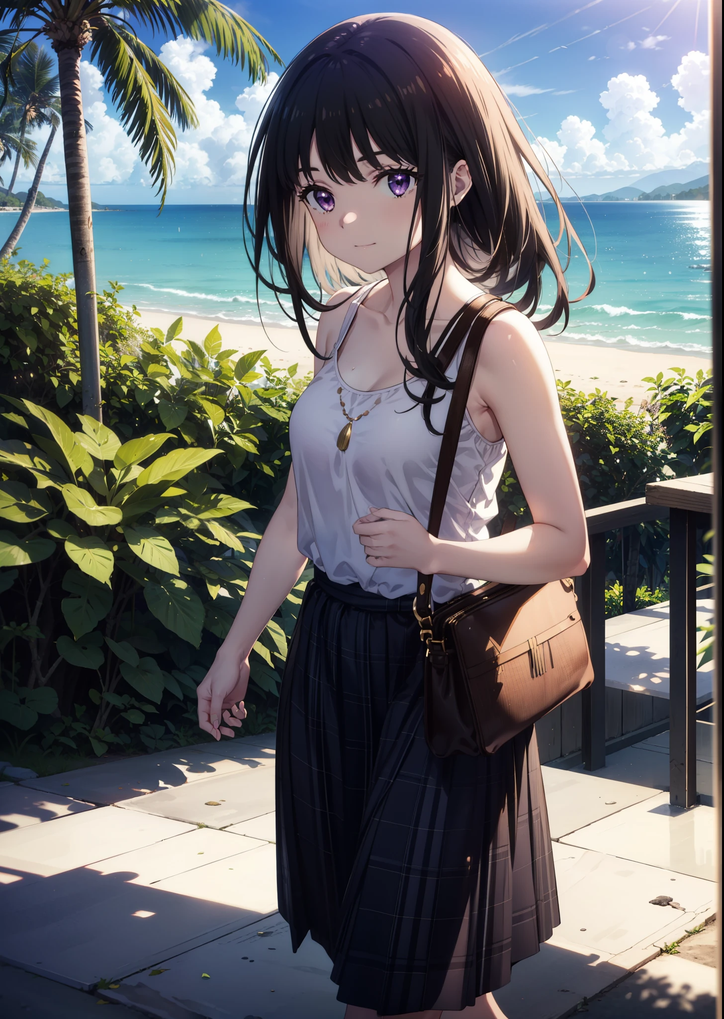 Takiuchikami, Check it out, Long Hair, bangs, Black Hair, (Purple eyes:1.2),Blue Tank Top,White long skirt,Heeled Sandals,Daytime,Clear skies,Palm tree,Walking,smile,Close your mouth,blush,whole bodyがイラストに入るように,
break outdoors, tropical,Tropical,Coastal Road,
break looking at viewer, whole body,(Cowboy Shot:1. 5),
break (masterpiece:1.2), Highest quality, High resolution, unity 8k wallpaper, (figure:0.8), (Beautiful attention to detail:1.6), Highly detailed face, Perfect lighting, Highly detailed CG, (Perfect hands, Perfect Anatomy),
