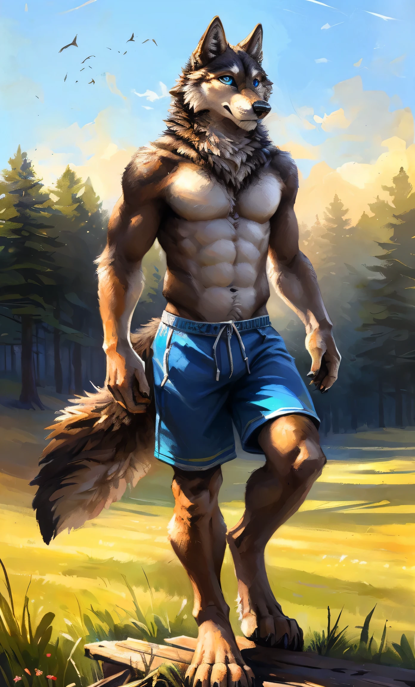((alone)), males, anthro wolf, (multi-colored fur, White Brown:1.3,White tail pointed), (Height 2.1M,Tail length 1.2M), ((Wolf face, big eyes, White eyelids, Blue pupil, sslim:1.2) (Hart, calm expression:1.2)), abs, sslim, Pingen)), (correct anatomy), (Work shorts:1.1), The upper body naked, (detailed outfits),A long big cock,Feet,(realistic fur, Detailed fur structure, labeled:1.3)), (natural lighting), photorealestic, hyper-realistic, ultradetailed, by Kenket,field,upright through,Run on