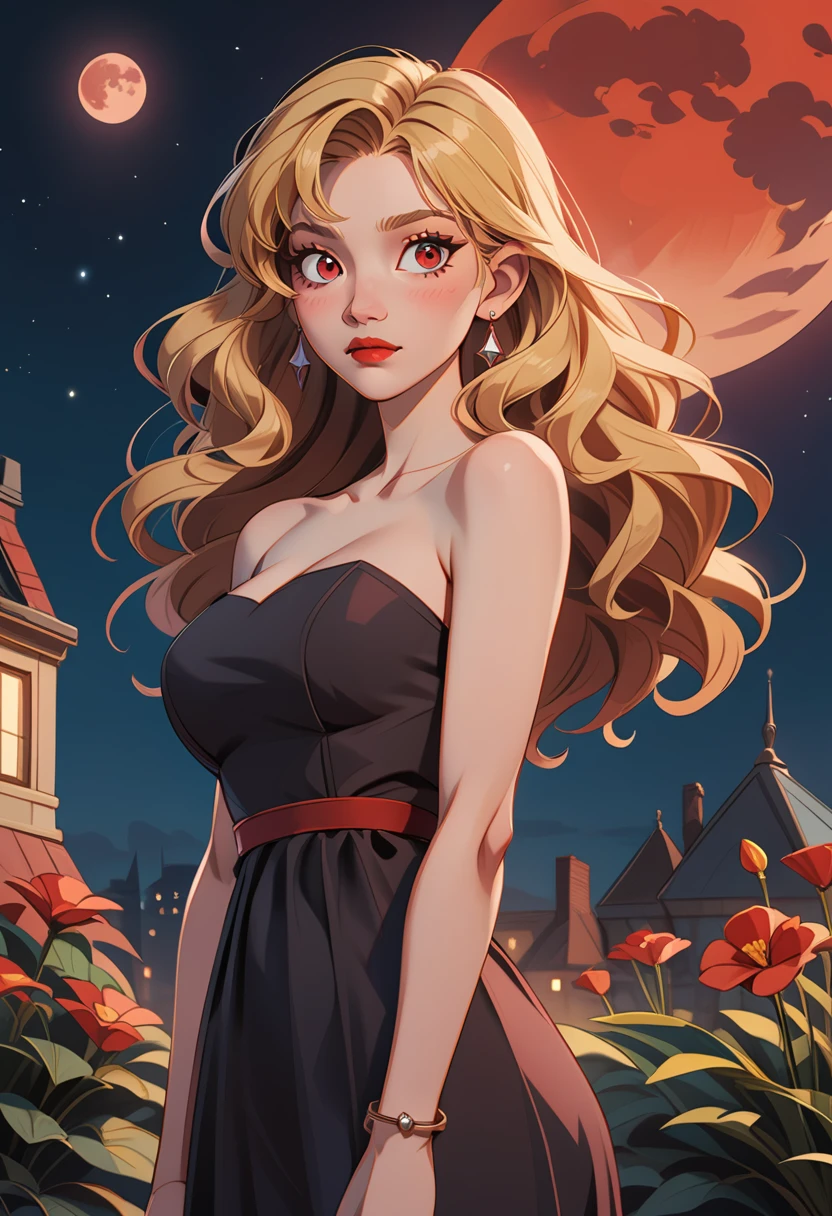 th3t4styl3, 1girl, dress, jewelry, solo, flower, moon, breasts, night, blonde hair, long hair, earrings, sky, black dress, red flower, looking at viewer, bracelet, full moon, cleavage, night sky, bare shoulders, strapless, strapless dress, outdoors, red moon, star \(sky\), collarbone, building, wavy hair, cloud, red eyes, standing, medium breasts, blush, bare arms, arms at sides, starry sky, parted bangs, closed mouth, city, lips, red lips