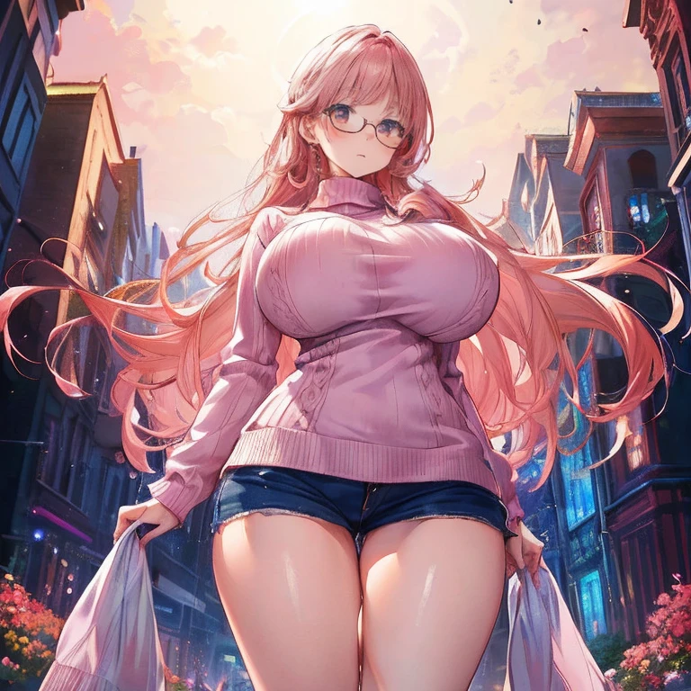 Anime Kawaii sexy Perfect Slim sensual body large breast and huge thighs, An intricate and highly detailed illustration of anime (Young girl). (breathtaking mature beauty,intellectual and elegant,luminous pink sweater,chestnut hair,(best qualityer,work of art:1.2),full - length photo,perfect figure,wearing glasses,Very clean,exquisite facial features,ultra detali,bokeh)