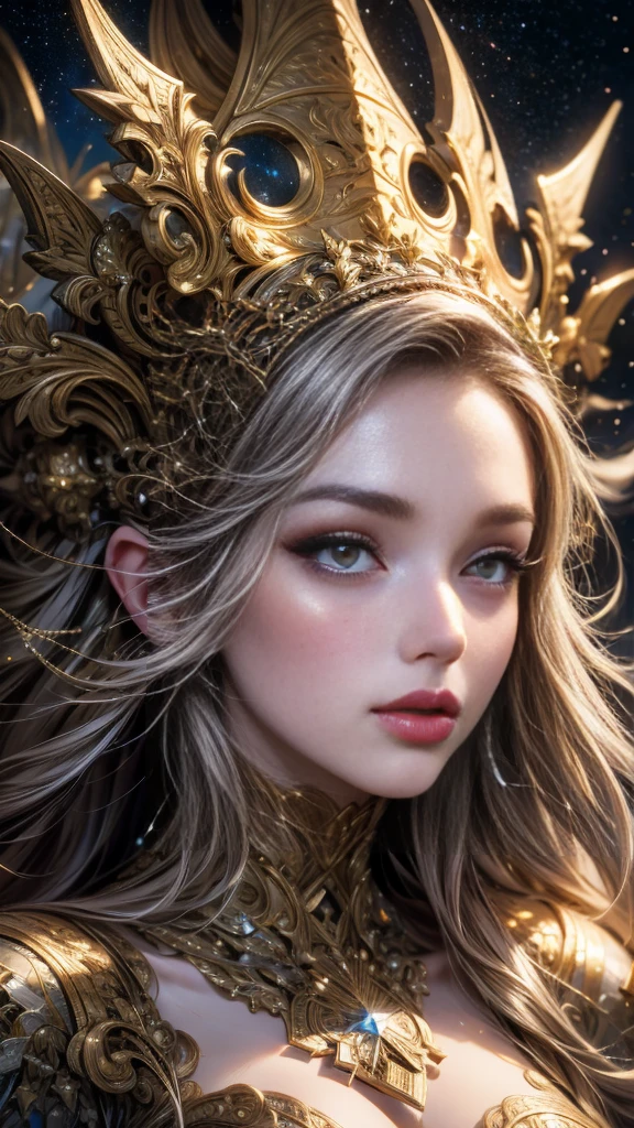 masterpiece, Best Quality, masterpiece, divine quality, divine art, Very detailed face, Whole body, very realistic, Beautiful, young girl, large eyes, long eyelashes, multicolor fur, multicolored eyes, shiny skin, full lips, big lips, shiny skin, blush, magnificent view, in the space, starry background, stars, glowing light, multicolor light, maid costume