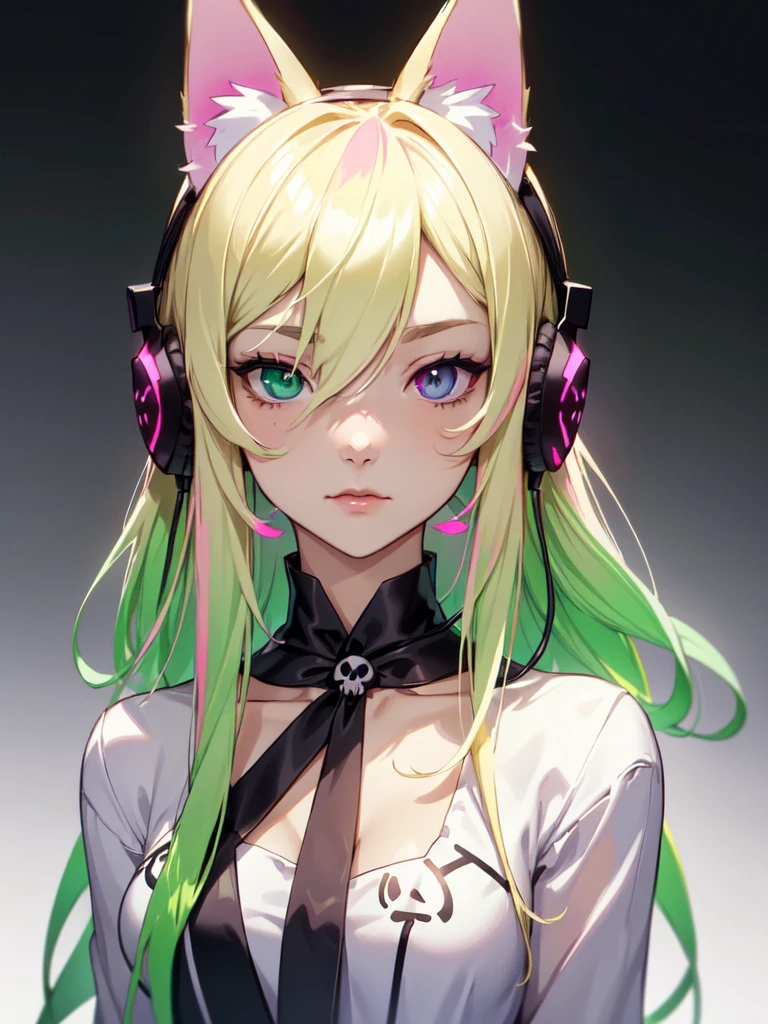 (((Portrait Photo))), She has the Appearance of an Elegant and Poised , with a Small, Slender Build who Displays a Calm Demeanor. Her Long, Flowing Blonde Hair Cascades Down Her Back in Soft Waves. Her Two-Tone Eyes are Large and Expressive, Filled with a Gentle Serenity and a Hint of Mystery. Her Expression is Calm and Reflective, with a Slightly Unfocused Look, Conveying a Sense of Inner Peace and Absolute Calm. (((High Quality, Dark Background))), (((Portrait Photo))), (((Cat Ears))), (((Green-Pink Gradient Hair))), (((Heterochromia))), (((Skull-Shaped Headphones))), (((Simple, Casual Clothing)))