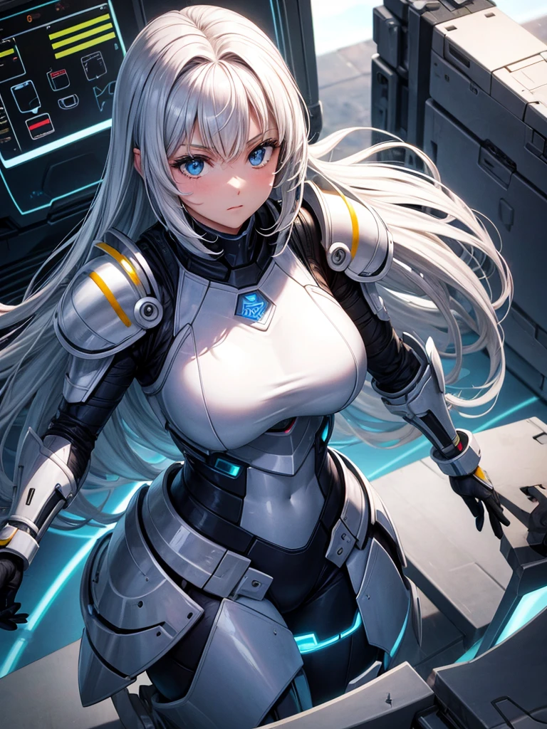 Girl, in a large futuristic motorized armor, perfect and defined, Whole body