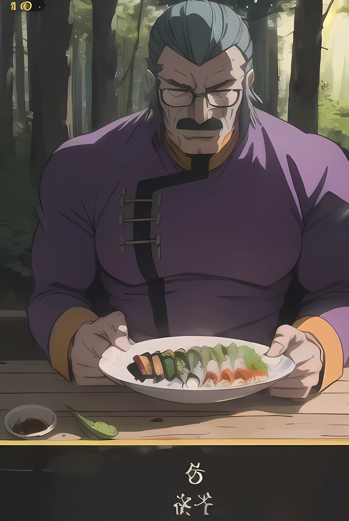 Highly detailed, High Quality,masterpiece, best quality, hyres,intricate detail, extreme detail,
4k,absurdres,Detailed illustration,high resolution, ah1,
anime screencap,
1 boy,old man, masterasia,  closed eyes,
SaltBaeMeme, salt, sunglases,  fish saute,beaf stick,sushi bar,
in dinner frontia,
backlighting, sunlight, woods,landscape,