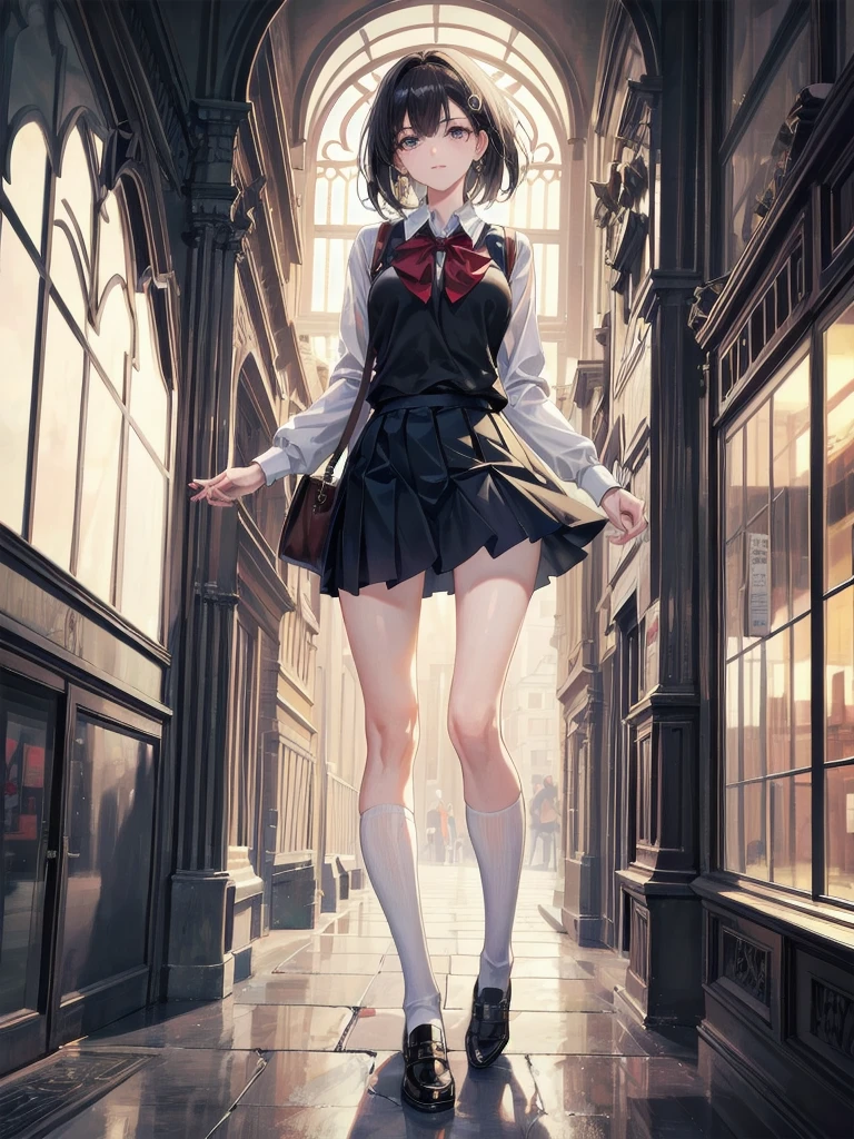 absurdres, RAW photo, extremely delicate and beautiful, masterpiece, Best Quality, ultra high resolution, 32k, hyperrealistic, ultra-detailed, perfect anatomy, anatomically correct, perfect figure, Perfect Style, Perfect balance, super Detailed skin, in her 30s, very Slim body, narrow waist, very small head, very small face, delicate facial features, handsome detailed woman, very detailed eyes and face, realistic face proportions, Realistic beautiful face, Realistic beautiful eyes, tearful mole, earring, medium tits, full body shot, medium hair, asymmetrical hair, outdoor, (school_uniform:1.2), short skirt,