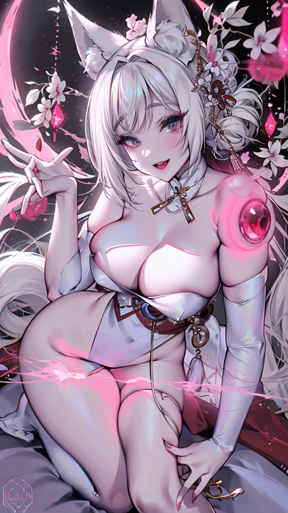 actual, , white hair, big eyes, Smile，open mouth，big breasts，glowing eyes，open lips, blush, daytime，background orc ears，Fox fairy，Kimono decoration，sexy，exposed，charming smile，Half-dressed kimono，white fox ears，White pink fox tail，high thigh slit，，Exquisite background，Mature，red background，Warm colors，red sleeves，Bright colors，white hair，Sense of lens,Lying in bed，Mature women