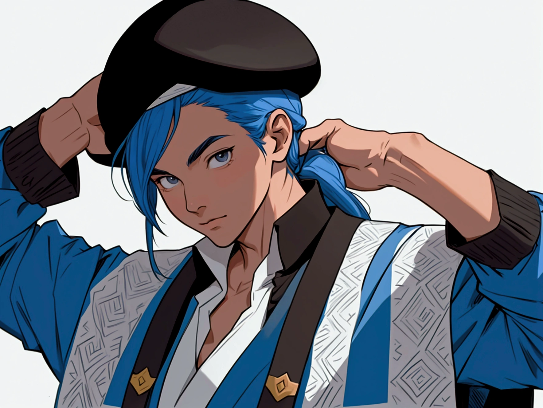 Anime-style, young gaucho, 30 years old, trigueño, wearing an Argentine Basque beret and a modernized Argentine poncho with guarda pampa patterns. The character has a shocked expression, with one hand raised to his face as if he can't believe what's happening. Vectorized style, black and white, no fill, no shadows. Detailed line art, clean lines, high resolution, consistent character design.