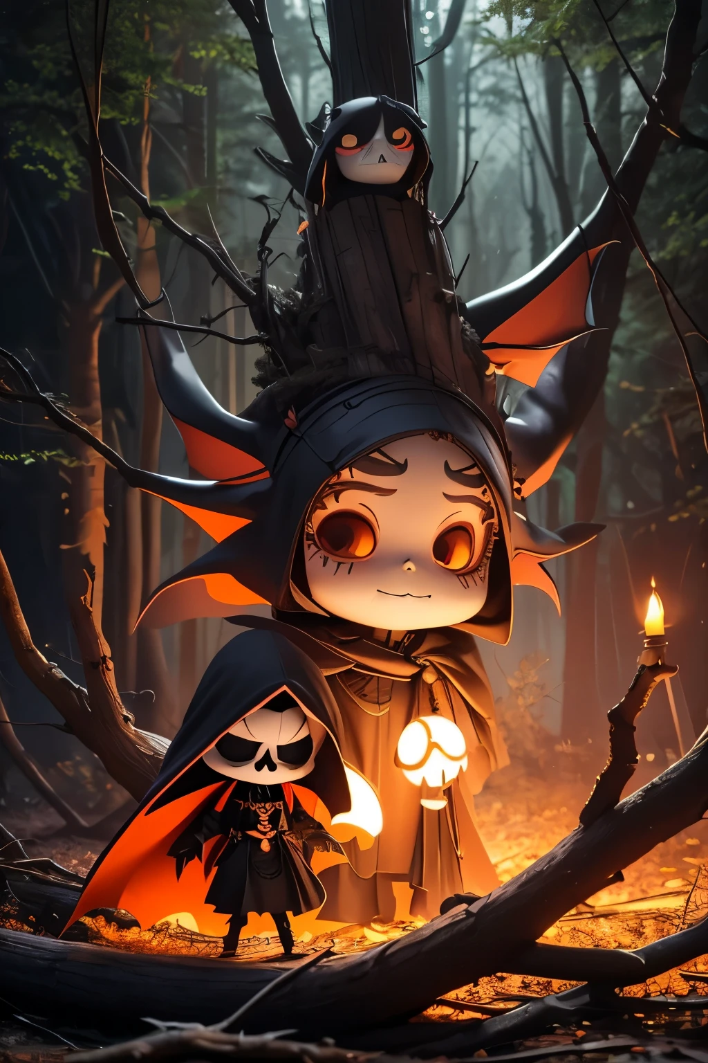 Photorealistic、Cute horror fantasy、Chibi Girl Doll(Devil Cosplay、Wicked Smile、Sagging under the eyes、Long eyebrows、Long nails、Orange eyes、Wear a long, big cloak) BREAK ,background(Musical notes around the doll, (dead tree:1.3), in the forest,shadow the cardboard\(Bat,Skeleton,Crow\)\)