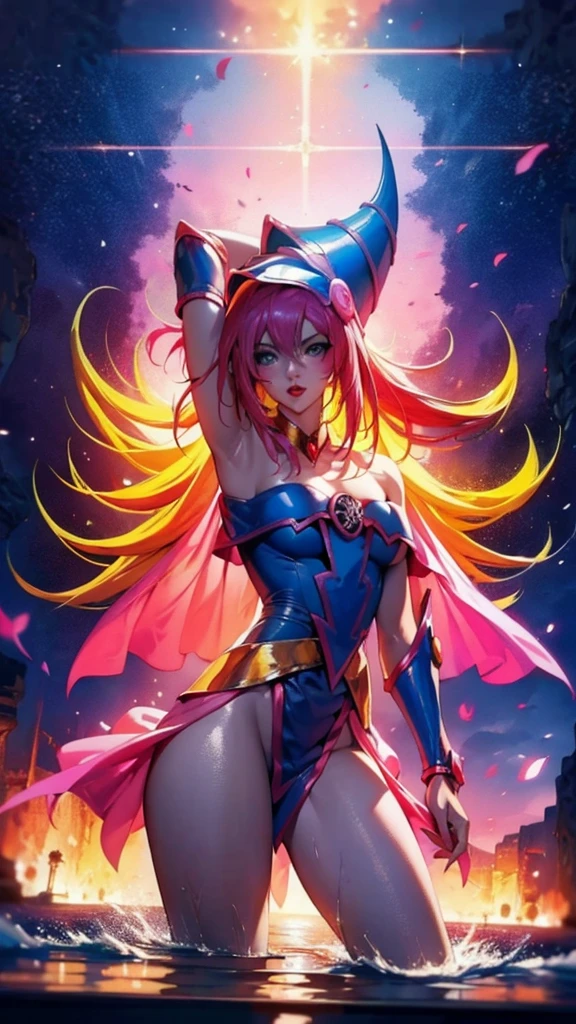 Beautiful dark magician girls in underwear. young. sexy, sensual. In transparent pink underwear. blue eyes. Red lips. Long bright yellow hair. pose sensual. in a river. naked.