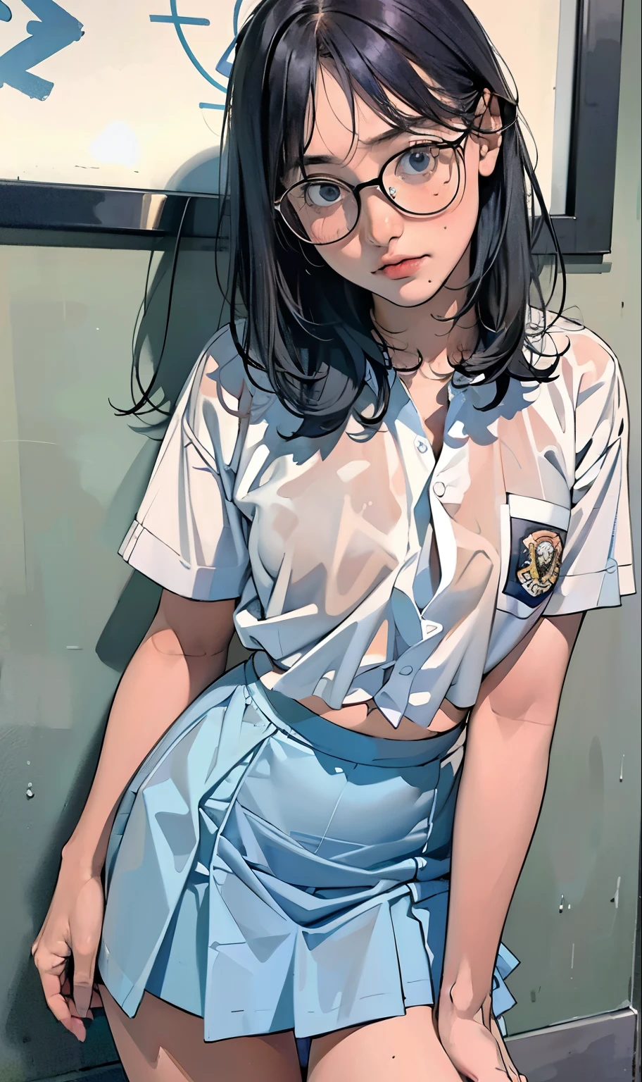 18 years old girl, (((at park))), (transparent white shirt), (wet shirt), (mini skirt), (pastel blue skirt), RAW photo, (photorealistic:1.37, realistic), highly detailed CG unified 8K wallpapers, 1girl, ((slender body:1)), (small breasts:1.3), looking at viewer, ((straight from front)), (HQ skin:1.2), (clean skin:1.2), 8k uhd, dslr, soft lighting, high quality, film grain, Fujifilm XT3, (full body:0.8) , tokyolagii , (bold glasses), full body in, perfect body, two legs, long legs, naval, (wide waist:1.2), (big tigh:1.3), crop top, (cleavage:0.7), sad, blushing