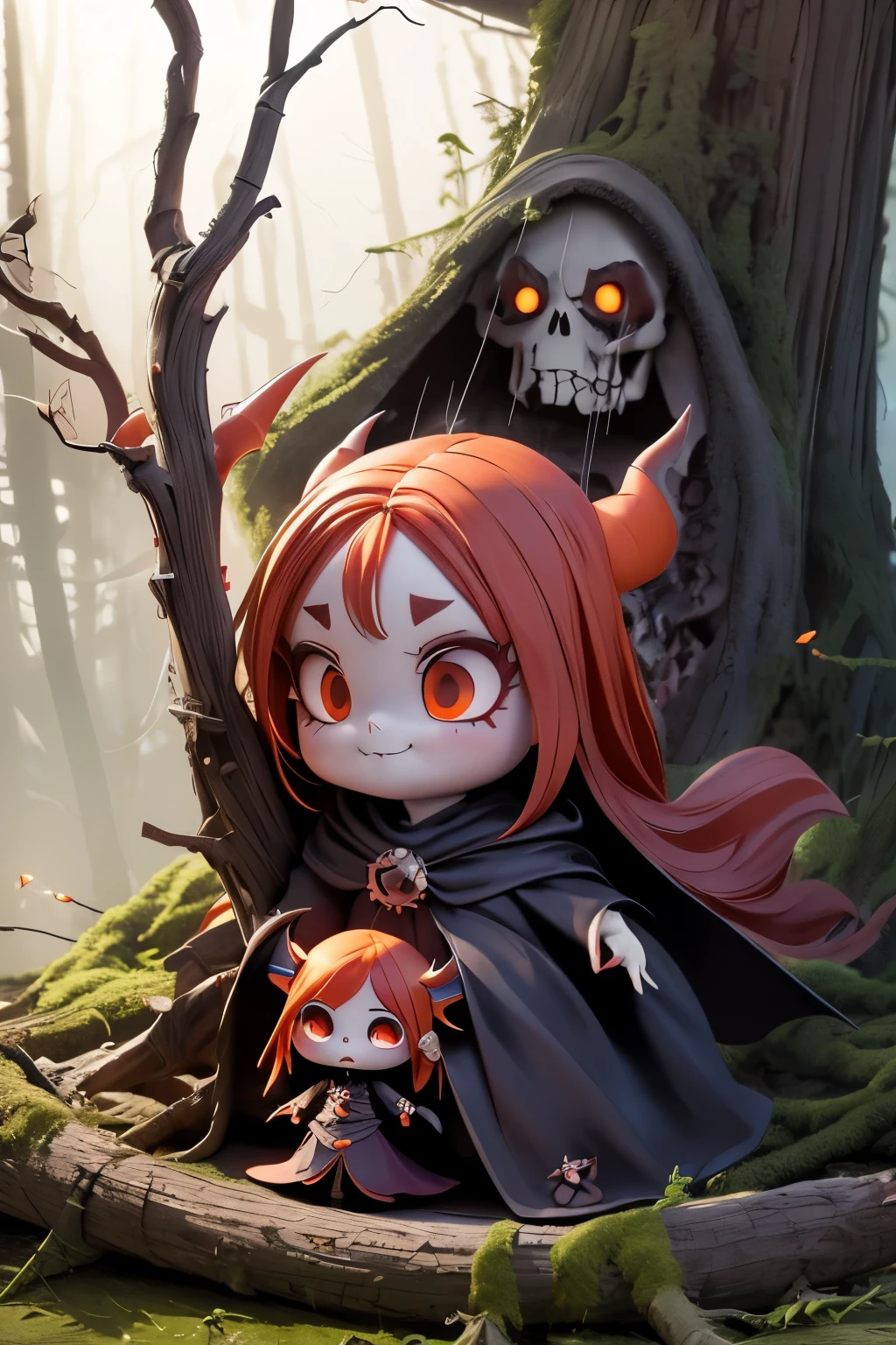 Photorealistic、Cute horror fantasy、Chibi Girl Doll（Devil Cosplay、Wicked Smile、Sagging under the eyes、Long eyebrows、Long nails、Orange eyes、Wear a long, big cloak） BREAK ,background(Musical notes around the doll, (dead tree:1.3), in the forest,shadow　the cardboard\(Bat,Skeleton,Crow\)\)