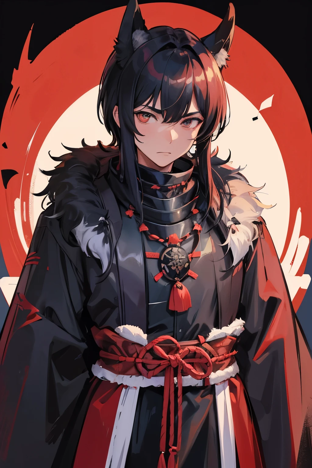 man in samurai armor with fur around the neck and waist, Wearing a devil's helmet, Dusty ornaments, Tired of fighting, Man Warrior, armor, amazing, Facial blemishes, DND Character Portrait, Complex, 8k resolution, Dynamic Lighting, Ultra-detailed, Unreal 5, Volumetric lighting, Alphonse Mucha, Pre-Raphaelites, Detailed Background, Mandala, Detailed face, Detailed eyes, neon eyes