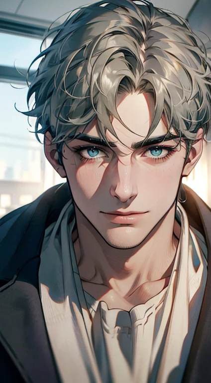 (best quality,4k,8k,highres,masterpiece:1.2),ultra-detailed,(realistic,photorealistic,photo-realistic:1.37),1 man,31 years old,mature man,very handsome,without expression,smile,short grey green hair,blue eyes,penetrating gaze,perfect face without errors,imposing posture,businessman,office background,cinematic lighting,hdr image