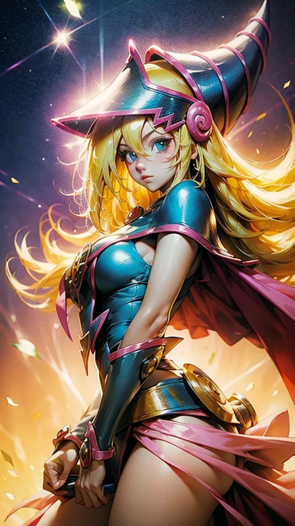 Retrato dark magician girls、、expresión bright、Horse tail、young, Glossy, bright, White skin、cheek highlighting、The best beauty、Clear, silky blonde hair with dazzling highlights、Cabello bright y bright,、Super Long Silky Straight Hair、Flequillo hermoso y bright、Grandes ojos azules brights como joyas brights.、very beautiful pretty pretty 16 year old girl、wide bust