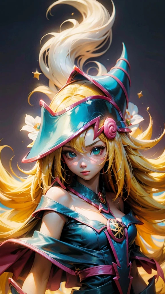 Retrato dark magician girls、、expresión bright、Horse tail、young, Glossy, bright, White skin、cheek highlighting、The best beauty、Clear, silky blonde hair with dazzling highlights、Cabello bright y bright,、Super Long Silky Straight Hair、Flequillo hermoso y bright、Grandes ojos azules brights como joyas brights.、very beautiful pretty pretty 16 year old girl、wide bust