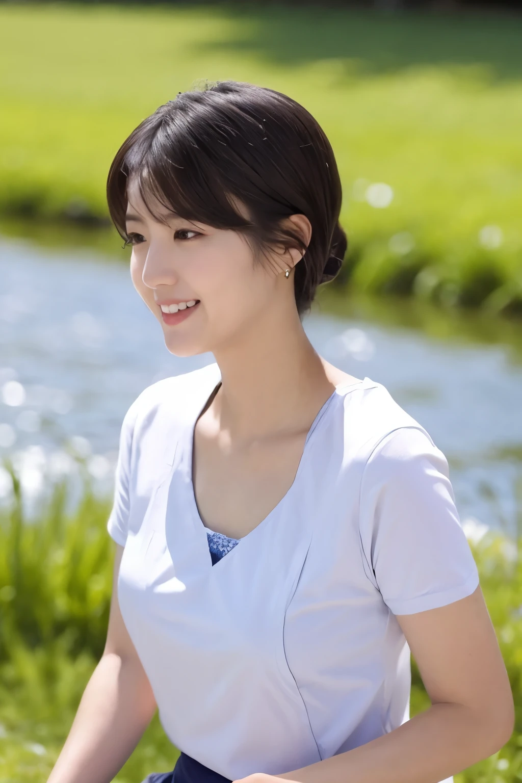 Skinny Japanese 40s woman, good wife, cute face, detailed face, detailed eyes, neat and clean, short-sleeve white shirt, walking along river, early summer, fine weather, clear sky, green fields, portrait