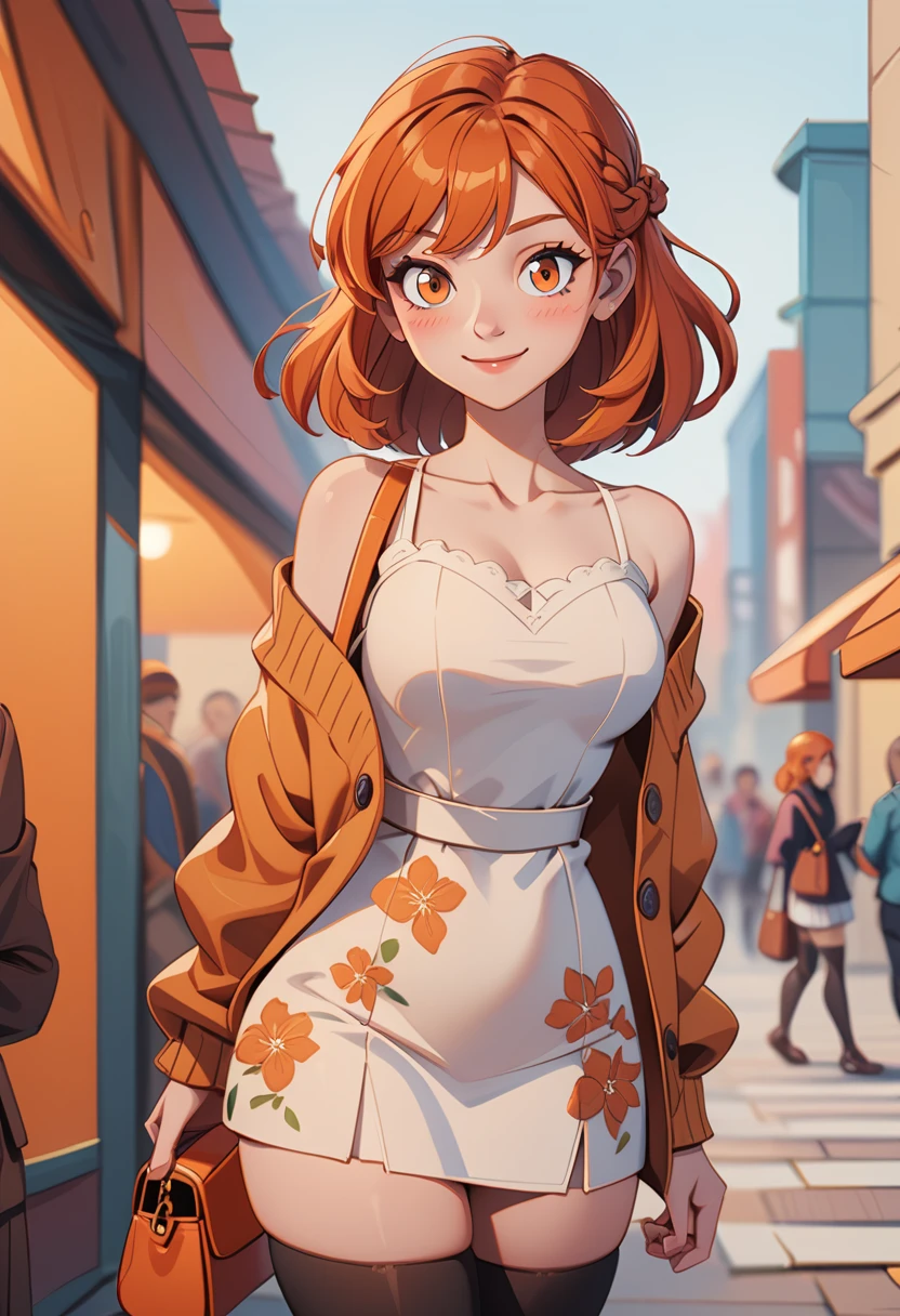 th3t4styl3,dress, thighhighs, 1girl, looking at viewer, orange eyes, bag, orange hair, white dress, blush, floral print, collarbone, braid, solo focus, bare shoulders, off shoulder, zettai ryouiki, closed mouth, cardigan, cowboy shot, shoulder bag, black thighhighs, short dress, jacket, blurry, long sleeves, smile, medium hair, handbag, open clothes, breasts, blurry background, standing