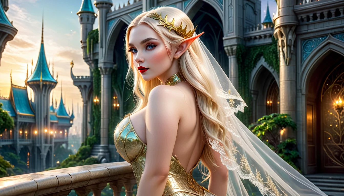 Exotic full body image of Elf princess, curvaceous body, huge busts, red lips, pale white skin 4k, in bold and attractive lace-type short outfits, a thin veil at the back of her head, with refined features and golden sparkles. This stunning image is a digital photo, with every pixel meticulously crafted to perfection. This extraordinary Elf princess has long blonde hair, straight and shiny strands, against the backdrop of an Elven city from another galaxy in Arkanepunk style. She stands imposingly in front of the palace, in low focus, 8k digital art, ultra realistic, HDR., top viewing angle., shine, glow