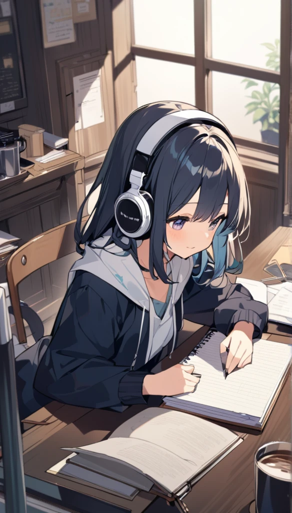 A cute girl is wearing headphones and studying with her notebook open in an old coffee shop。The desk is messy and the whole desk is visible