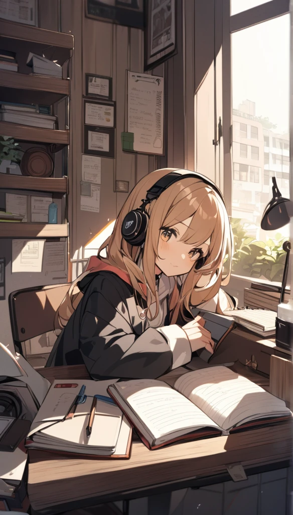 A cute girl is wearing headphones and studying with her notebook open in an old coffee shop。The desk is messy and the whole desk is visible