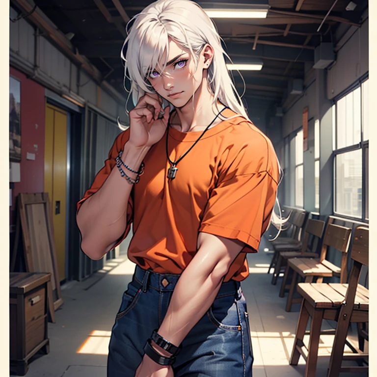 ((masterpiece)), (((best quality))), solo, 1 male, pale white skin, white hair, long hair, straight hair, handsome young man, detailed background of a summer camp, purple eyes, tall, tight jeans, plain orange t-shirt, bracelet, necklace, highest quality, highly detailed, original, high resolution CG Unit 8k wallpaper, (best quality, artwork, masterpiece, 4k)