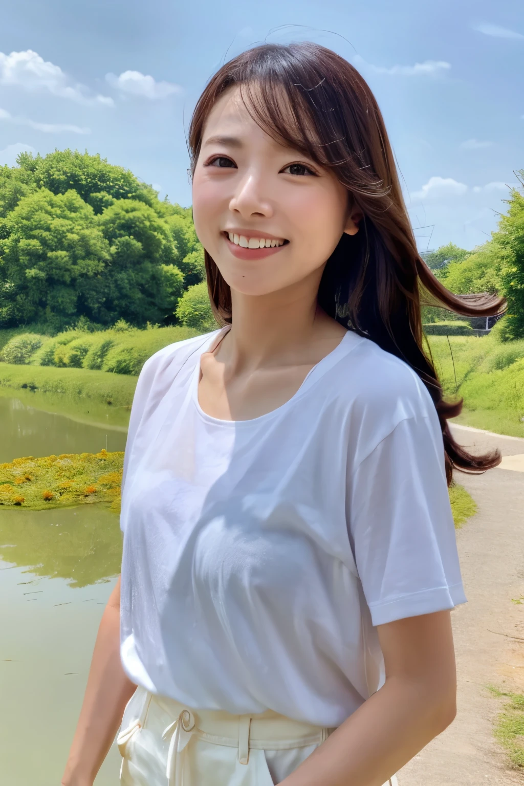 Skinny Japanese 40s woman, good wife, cute face, detailed face, detailed eyes, neat and clean, short-sleeve white shirt, walking along river, early summer, fine weather, clear sky, green fields, portrait
