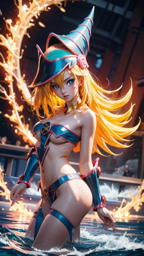 Beautiful dark magician girls in underwear. young. sexy, sensual. In transparent pink underwear. blue eyes. Red lips. Long bright yellow hair. pose sensual. in a river. naked.