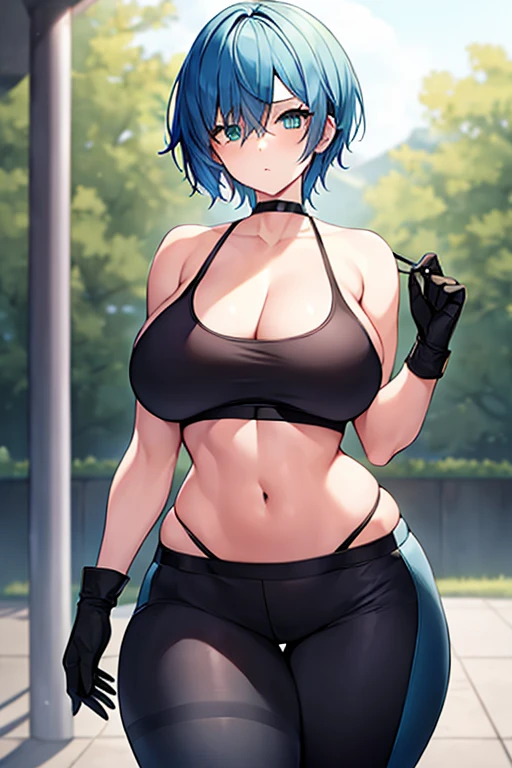 1girl, blue hair, pixie cut, very short hair, green eyes, one eye covered, hair over one eye, hair over eyes, sportswear, sports bra, gloves, black sports bra, pants, belt, forest, , matuale, hourglass figure, glowing eyes, shirt, large breasts, tighs, wide hips, blue trim, highleg panties, string p toned female, t