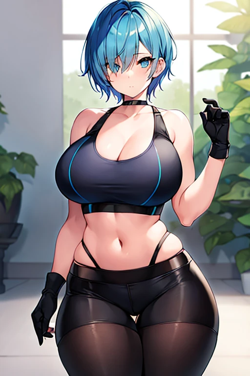 1girl, blue hair, pixie cut, very short hair, green eyes, one eye covered, hair over one eye, hair over eyes, sportswear, sports bra, gloves, black sports bra, pants, belt, forest, milf, mature female, hourglass figure, glowing eyes, shirt, large breasts, thick thighs, wide hips, blue trim, highleg panties, string panties, toned female, toned