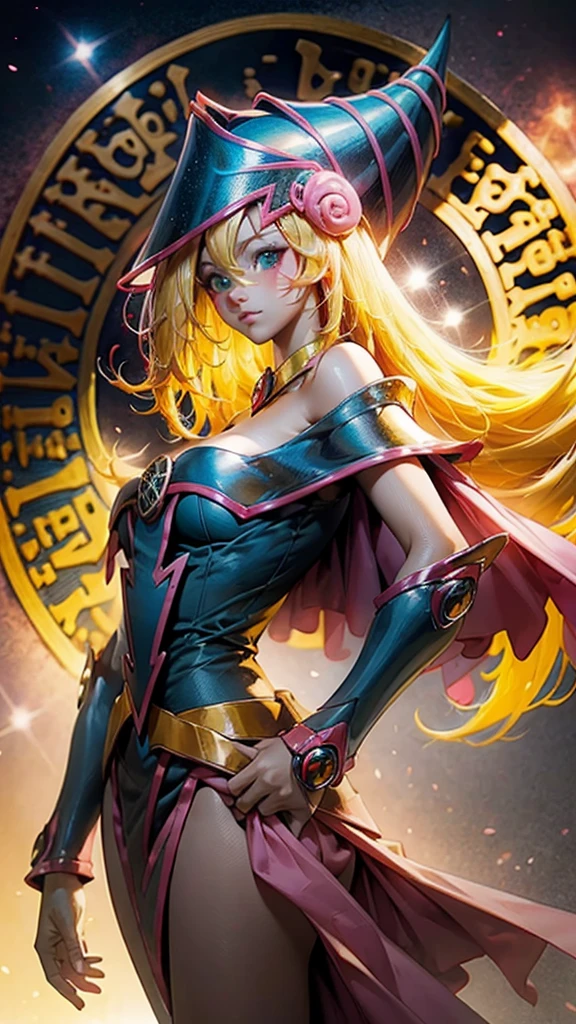 Retrato dark magician girls、、expresión bright、Horse tail、young, Glossy, bright, White skin、cheek highlighting、The best beauty、Clear, silky blonde hair with dazzling highlights、Cabello bright y bright,、Super Long Silky Straight Hair、Flequillo hermoso y bright、Grandes ojos azules brights como joyas brights.、very beautiful pretty pretty 16 year old girl、wide bust