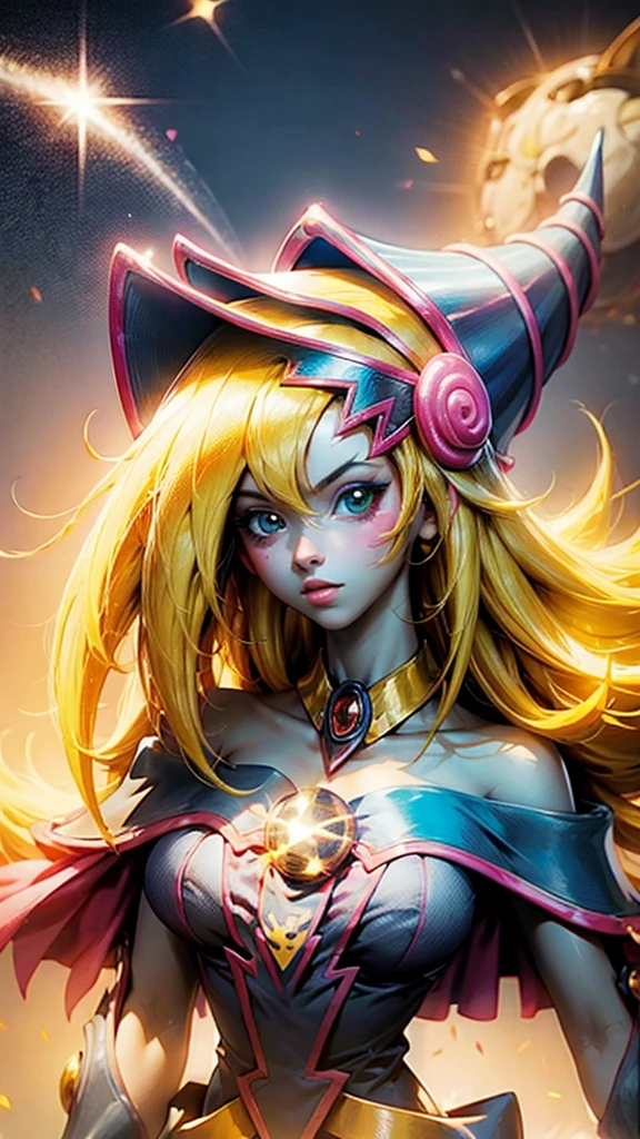 Retrato dark magician girls、、expresión bright、Horse tail、young, Glossy, bright, White skin、cheek highlighting、The best beauty、Clear, silky blonde hair with dazzling highlights、Cabello bright y bright,、Super Long Silky Straight Hair、Flequillo hermoso y bright、Grandes ojos azules brights como joyas brights.、very beautiful pretty pretty  girl、wide bust