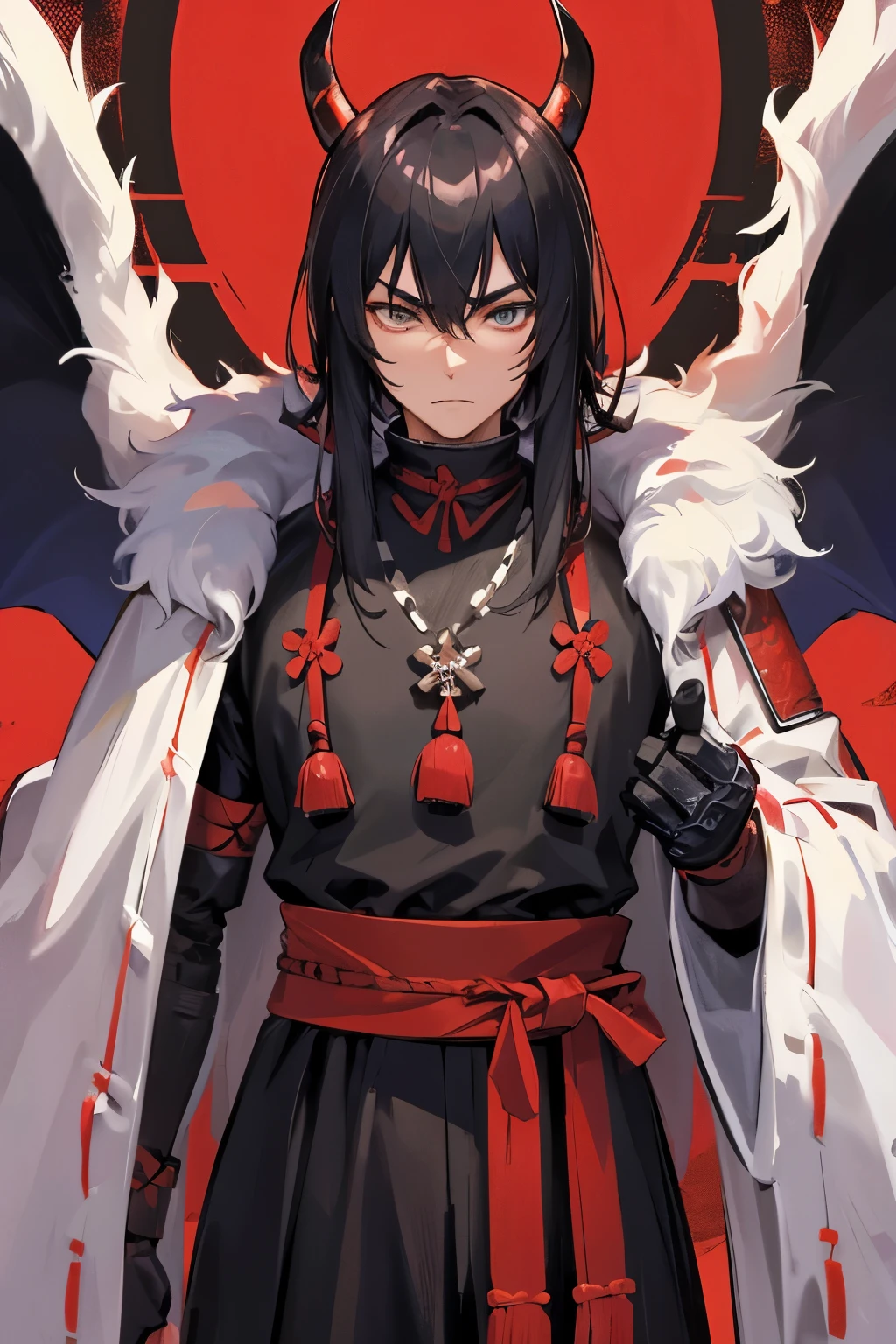 man in samurai armor with fur around the neck and waist, Wearing a devil's helmet, Dusty ornaments, Tired of fighting, Man Warrior, armor, amazing, Facial blemishes, DND Character Portrait, Complex, 8k resolution, Dynamic Lighting, Ultra-detailed, Unreal 5, Volumetric lighting, Alphonse Mucha, Pre-Raphaelites, Detailed Background, Mandala, Detailed face, Detailed eyes, neon eyes
