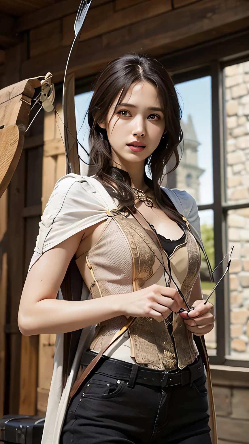 8k,A female adventurer from another world,so beautiful(Like the real thing),Adult woman in leather armor,Brown Hair,blue eyes,((Holding a stone crossbow:1.5))、Brown combat trousers,Dagger on hip,Walking in mountainous areas,Perfect Face,Perfect hand shape,charm,Volume measurement,Body balance,超High resolution,super Realistic skin,Digital single-lens reflex camera, Soft lighting, high quality, Highly detailed face, Highly detailed eyes, highly detailed skin, skin, Scattered under the surface, Highly detailed face, Highly detailed eyes, Beautiful expression, Lip, Detailed Background, Written boundary depth, Small breasts、Volumetric Lighting, Sharp focus, Absurd, Realistic proportions, Excellent anatomy, (Realistic, 超Realistic:1.4), 16k hdr, dawn,High resolution,super Realistic skin,super Beautiful expression,Fantasy art,Character Art,Dynamic pose,compensate,Brown cloak,Carrying large luggage on your back,