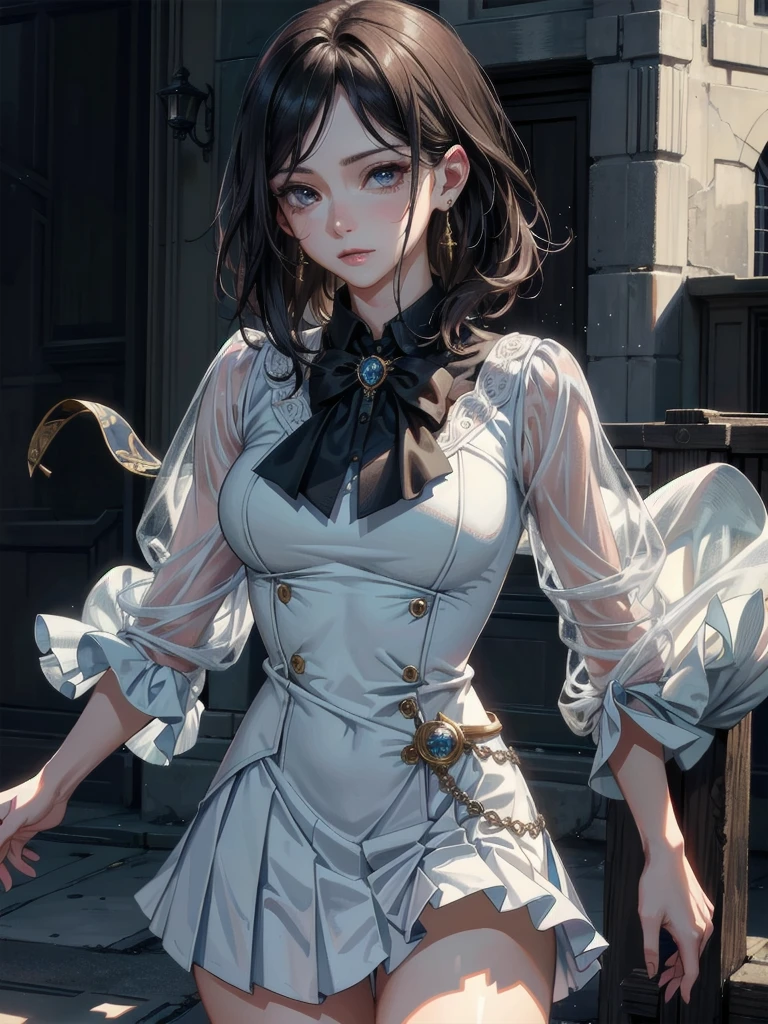 (((masterpiece, of the highest quality, super detailed))), (a female knight of an occult order), ((minimal but intricate beautiful armour)), ((dark hair)), ((ponytail, thick ponytail, heavy ponytail)), (((( Highly detailed face))), (((Very sharp focused eyes))), very long eyelashes, small , (((flat :1.1))), (resolved expression), (resolute expression), occult aesthetic, Fluttering lace flared dress with frilly petticoats, (red and white clothing detailed and intricate steampunk and detailed gothic), (with a hood), (thigh high flared socks), complex lace boots