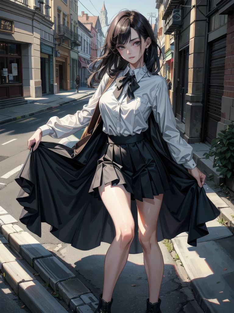 absurdres, RAW photo, extremely delicate and beautiful, masterpiece, Best Quality, ultra high resolution, 32k, hyperrealistic, ultra-detailed, perfect anatomy, anatomically correct, perfect figure, Perfect Style, Perfect balance, super Detailed skin, in her 30s, very Slim body, narrow waist, very small head, very small face, delicate facial features, handsome detailed woman, very detailed eyes and face, realistic face proportions, Realistic beautiful face, Realistic beautiful eyes, tearful mole, earring, medium tits, full body shot, medium hair, asymmetrical hair, outdoor, (school_uniform:1.2), short skirt,
