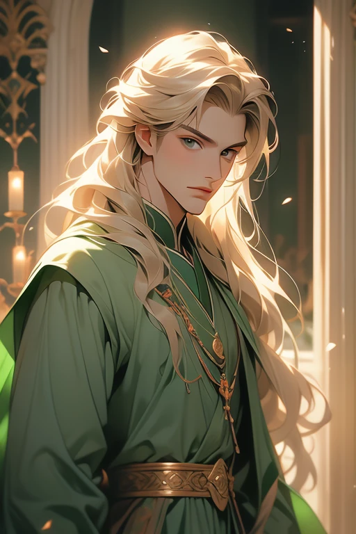 handsome masculine man, green eyes, ash blond hair, shoulder length long hair, green medieval noble clothes, light skin