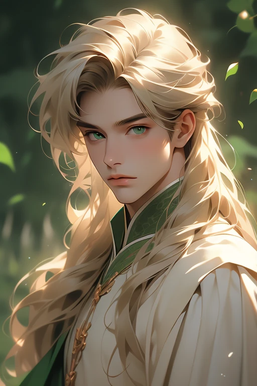 handsome masculine man, green eyes, ash blond hair, shoulder length long hair, green medieval noble clothes, light skin