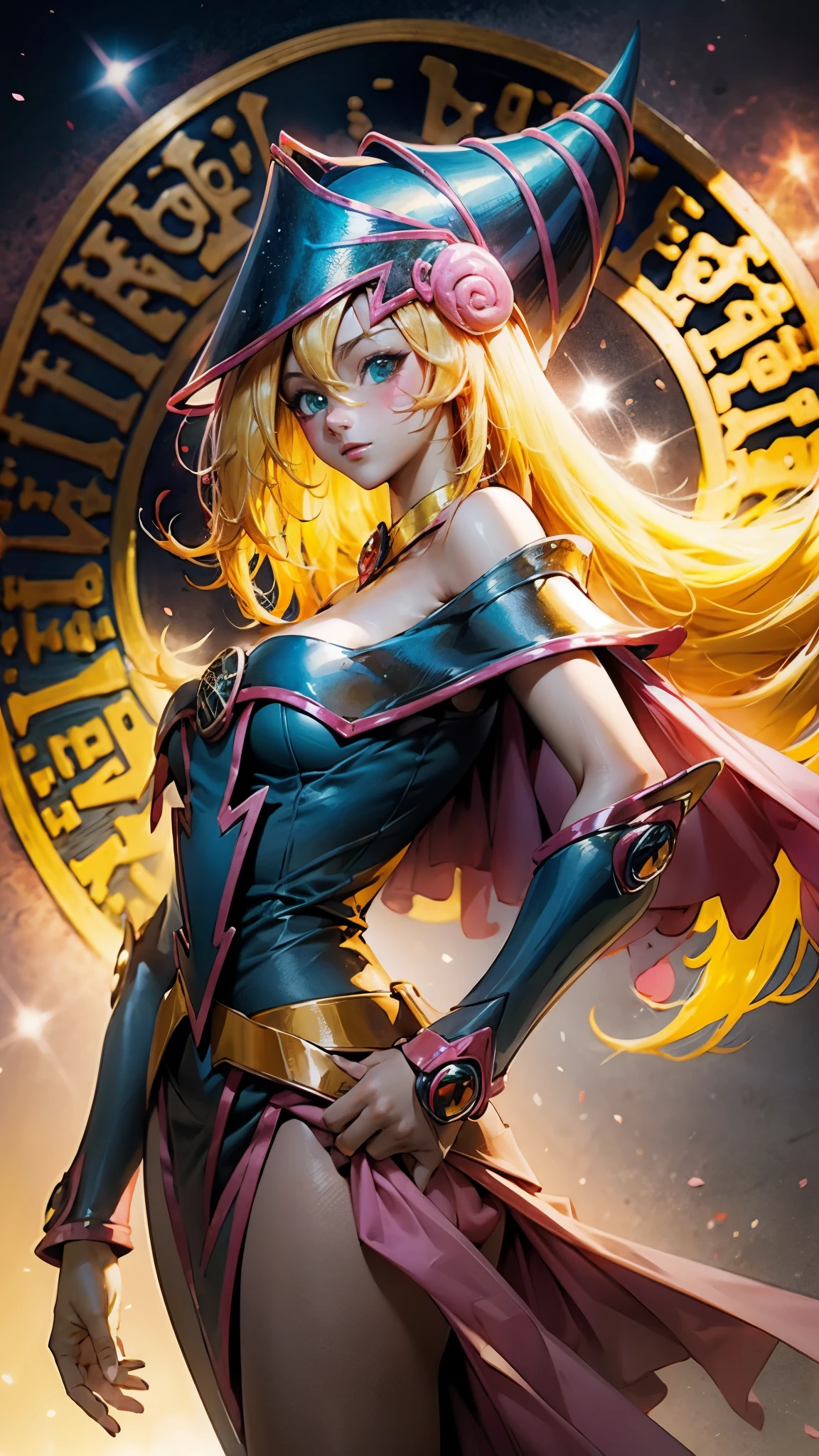 Retrato dark magician girls、、expresión bright、Horse tail、young, Glossy, bright, White skin、cheek highlighting、The best beauty、Clear, silky blonde hair with dazzling highlights、Cabello bright y bright,、Super Long Silky Straight Hair、Flequillo hermoso y bright、Grandes ojos azules brights como joyas brights.、very beautiful pretty pretty girl、wide bust
